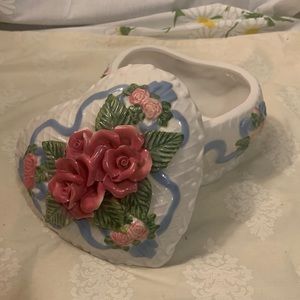 Vintage hand painted ceramic rococo rose heart box